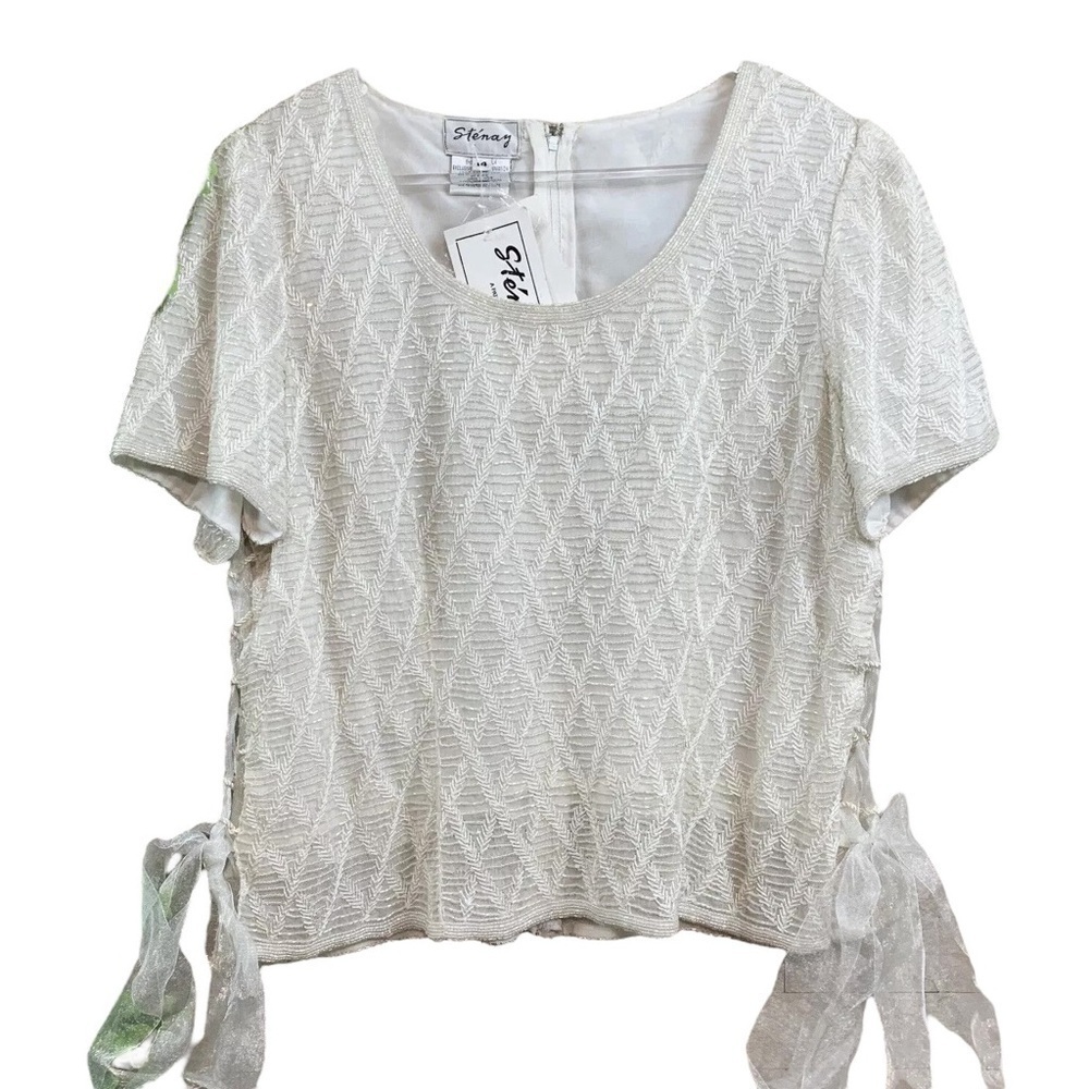 Vtg Stenay Silk Beaded Embroidered Ribbon Side Top Cream Ivory White Size 14